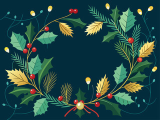 Obraz premium Christmas Wreath Frame with Holly and Ornaments | Holiday Vector Background