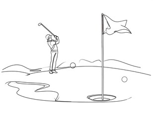 Golfer swings club golf course illustration