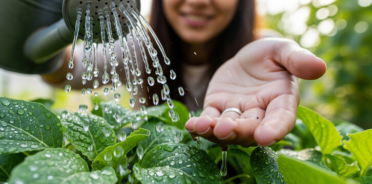 A happy young woman smiles while gently watering her green vegetable plants. The natural sunlight illuminates her face, capturing a serene and joyful moment of gardening and connection with nature.