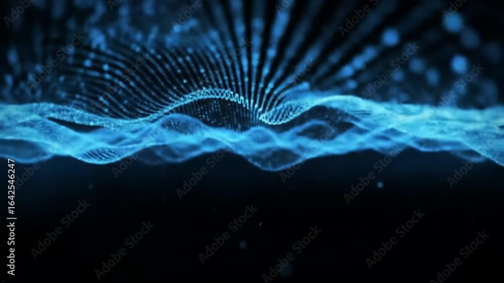 Poster dynamic blue glowing particles flow in an abstract wave, featuring a central fan-like structure, rep