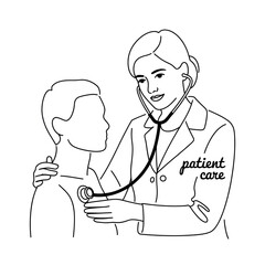 Line art of a doctor is doing a hard examination of a patient 
