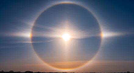 Spectacular sun halo phenomenon with atmospheric light refraction creating bright arcs and mock suns against a clear sky