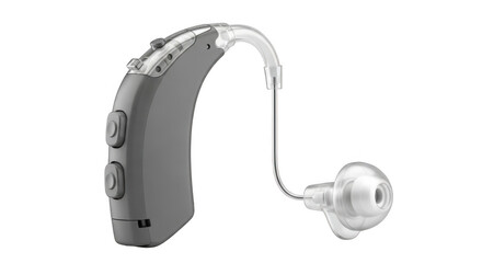 Gray behindtheear hearing aid device for hearing loss treatment, isolated on transparent background