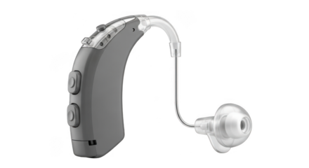 Gray behindtheear hearing aid device for hearing loss treatment, isolated on transparent background