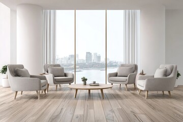 Fototapeta premium Modern minimalist living room with city view (11)