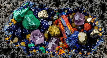 Close up of vibrant azurite and malachite mineral cluster with pyrite and amethyst crystals showcasing earth's geological beauty and natural formations