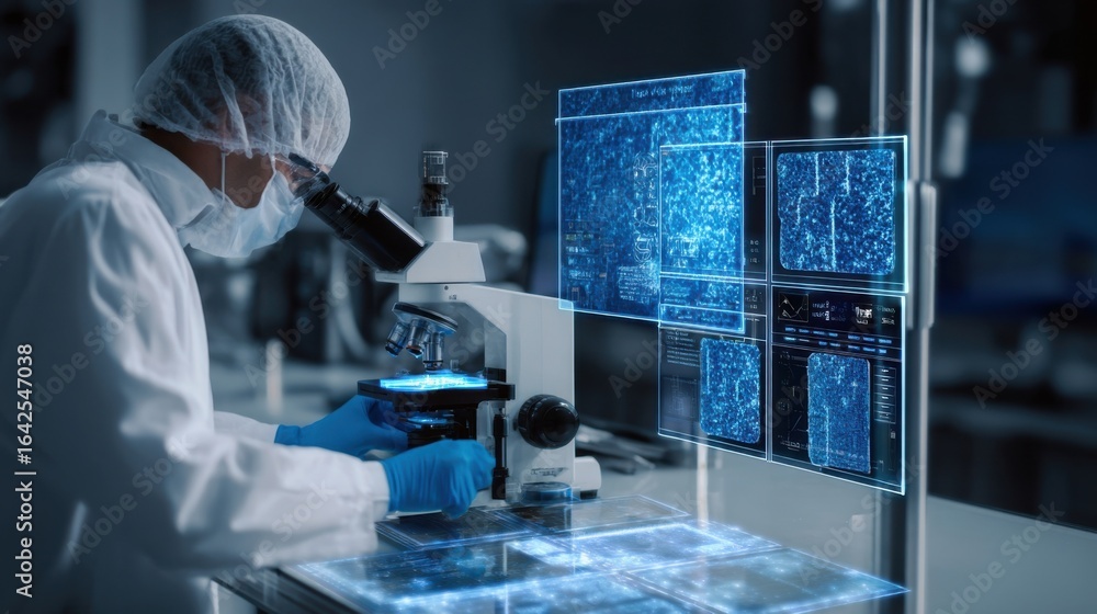 Poster a technician analyzing a battery separator under a microscope surrounded by digital screens displayi