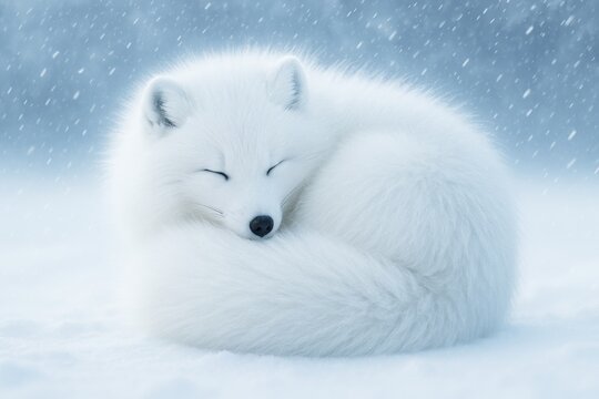 Sleeping white arctic fox curled up in snowy landscape with snowfall and soft light on winter background, symbolizing peacefulness and warmth. Ai generative