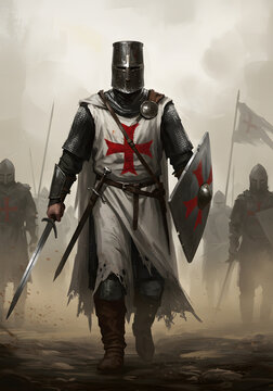 Medieval Knight Templar Marching Forward, Cross, Sword, Shield, Armor, Soldiers, Historical Art.