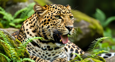 Obraz premium A leopard resting among lush green foliage with mouth open showing its tongue in a close up view