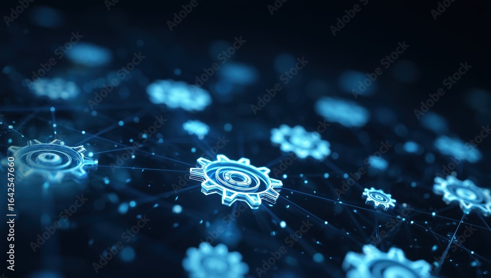 Poster abstract digital background with blue glowing gears and interconnected lines on a dark backdrop, sym