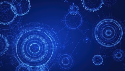 Blue digital background with interconnected circles and lines forming an abstract network pattern, representing the technology of blockchain in business financial data transfer Generative AI