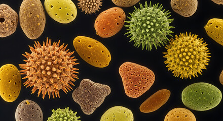 Microscopic pollen grains in diverse shapes and vibrant colors showcasing botanical diversity and natural patterns against a dark background