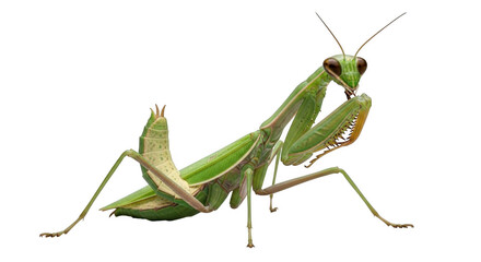 A detailed macro photograph of a green praying mantis insect isolated on a transparent background, showcasing its predatory stance and intricate features
