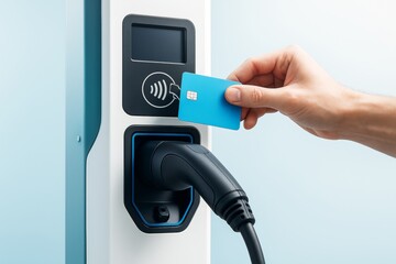 Contactless card payment being used at modern electric vehicle charging station on light blue background, clean and minimal concept. Ai generative