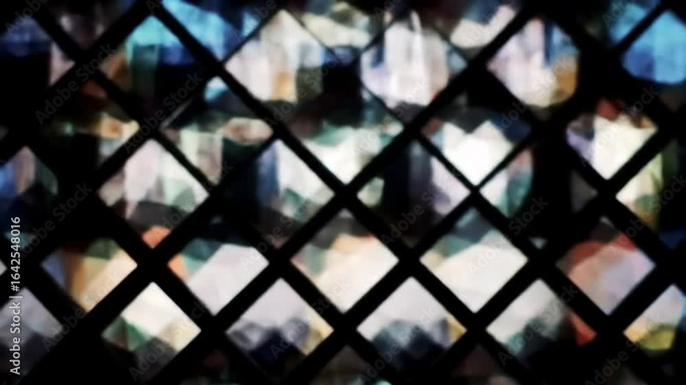 Poster abstract colorful light reflections shine through a striking dark diamond grid, creating a modern vi