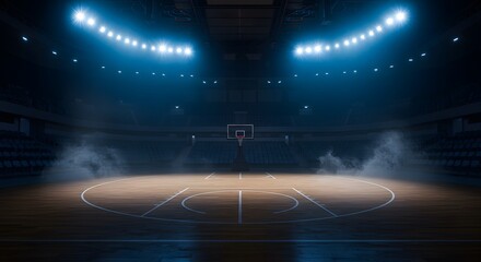 Dynamic view of a basketball court in a stadium with bright lights and theatrical smoke effects