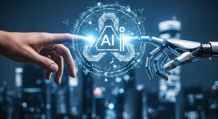 Human and robot hands reaching for ai interface over a blurred cityscape at night creating connection