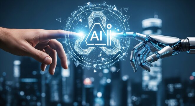 Human and robot hands reaching for ai interface over a blurred cityscape at night creating connection