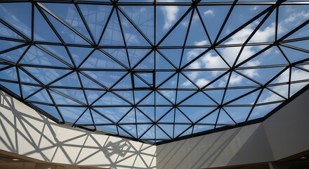 Geometric Glass Ceiling Structure Reflecting Sunlight and Clouds with Shadows on Building Interior