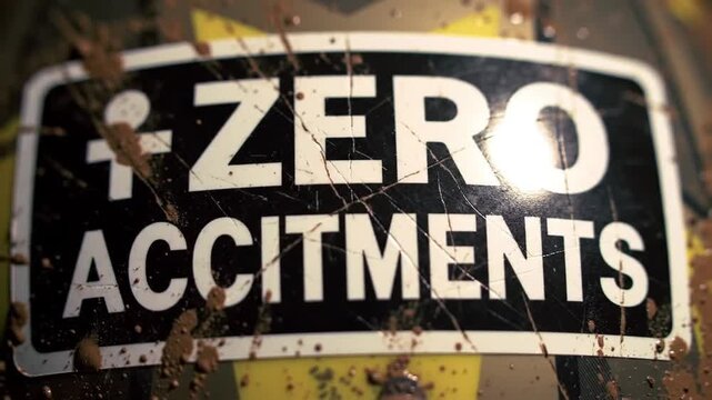 An ironic view on workplace safety featuring a mud-splattered sign with the misspelling 'Zero Accitments', a humorous take on safety-first culture.
