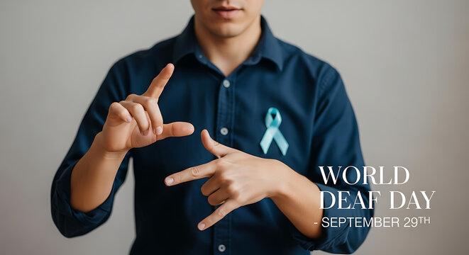 A person signing with hands wearing a blue shirt and a ribbon for world deaf day september twenty ninth