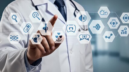 Doctor Touching Holographic Medical Icons in Modern Clinic With Stethoscope - Powered by Adobe