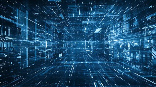 Abstract Digital Network Structure in Blue Background with Geometric Shapes