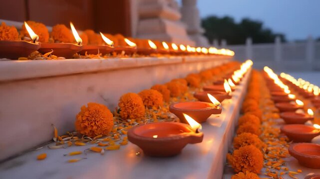 Long rows of clay diya lamps line marble steps alongside orange marigold flowers with blurred sky in background, creating a warm, festive glow.