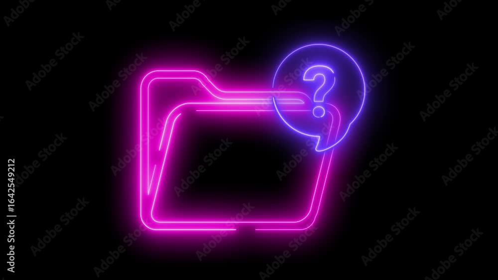Poster neon light effect animation of a folder icon with a question mark, black background