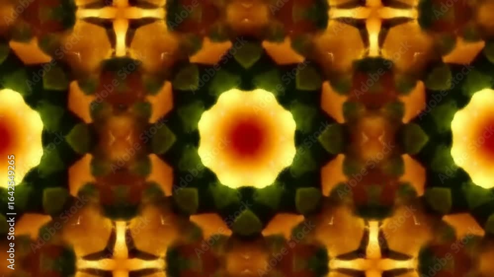 Poster a mesmerizing abstract kaleidoscope pattern in warm golden and rich red tones, creating a vibrant an