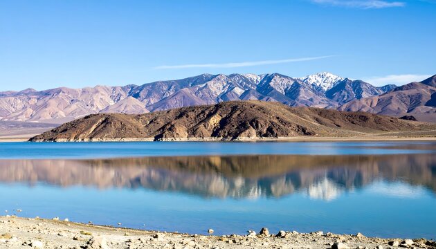 Calm lake reflecting mountains