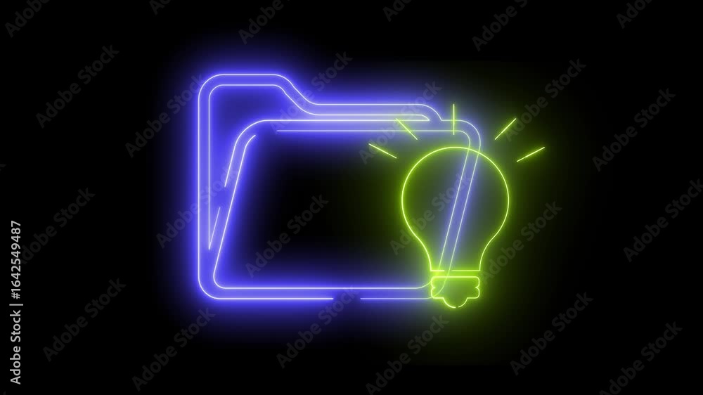 Poster neon light effect animation of a folder icon with a light bulb, black background