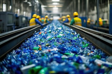 Workers in Recycling Facility Sorting Plastic Waste on Conveyor Belt