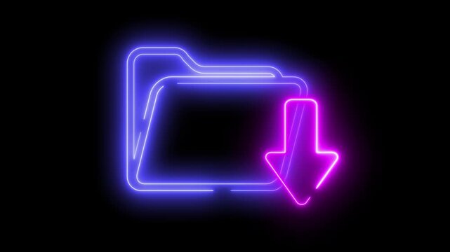 Neon light effect animation of a folder icon with a download arrow, black background