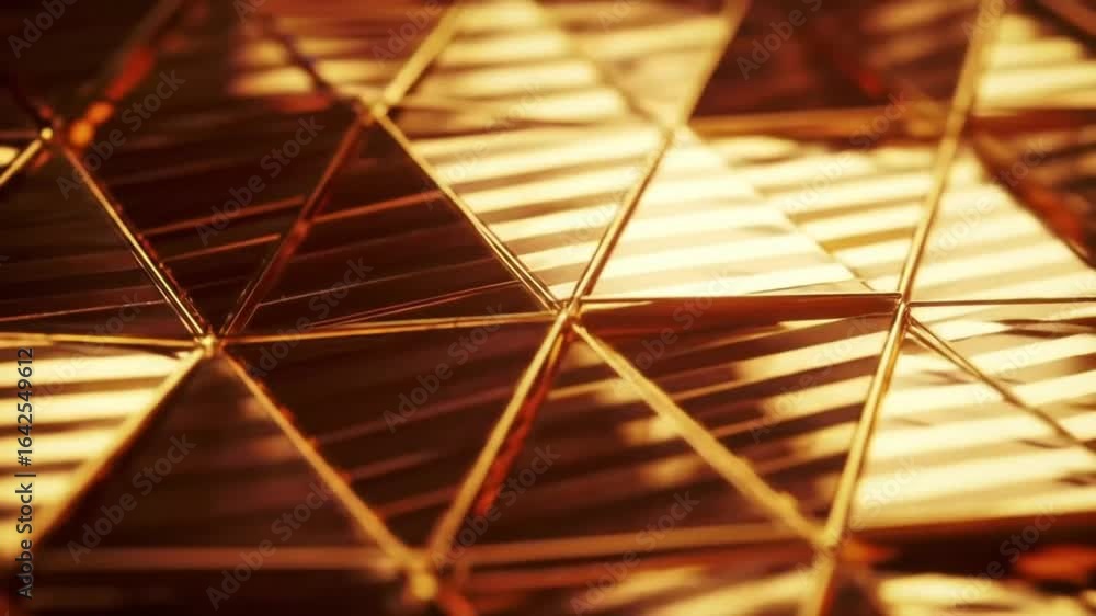 Poster warm light illuminates an intricate pattern of reflective triangular surfaces, creating a mesmerizin