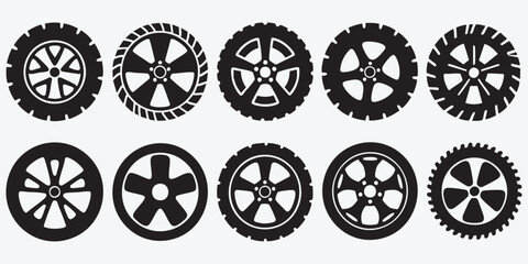 Ten Black and White Wheel Icons for Automotive Design