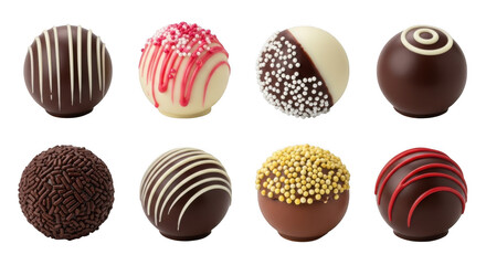 Collection of eight assorted gourmet chocolate truffles with various decorations and patterns, isolated on a transparent background