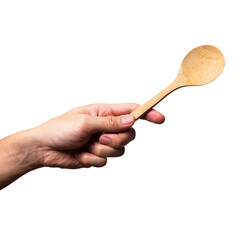 Male hand holding a wooden spoon isolated on white background.