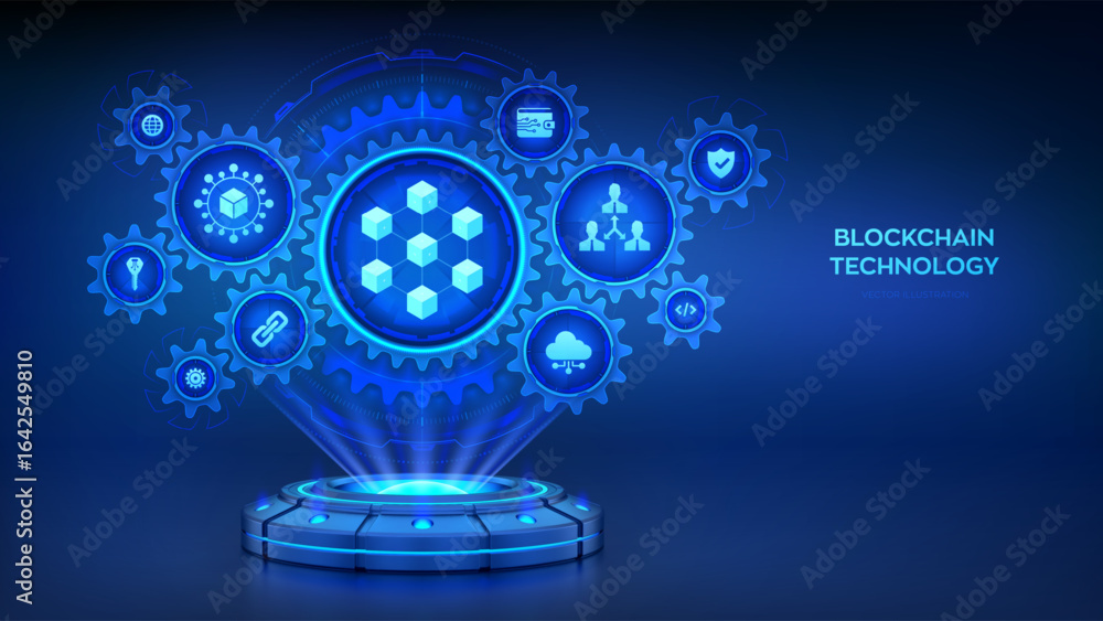 Poster blockchain technology. decentralized network. fintech cryptocurrency. holographic platform with glow