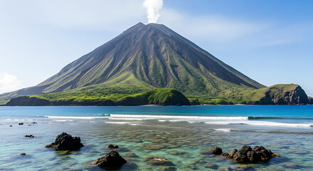 Majestic Volcano Erupting Smoke Over Lush Green Island with Crystal Clear Tropical Ocean Waters and Coral Reefs