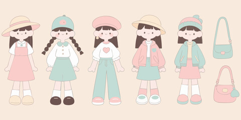 Adorable Pastel Girls Fashion Illustration Set