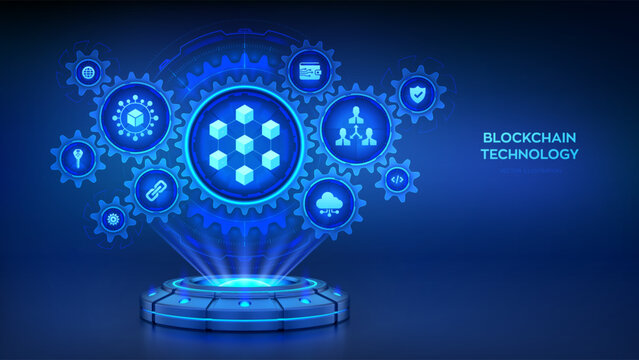 Blockchain technology. Decentralized network. Fintech cryptocurrency. Holographic platform with glowing rays forming a projection of interconnected gears with icons. Vector Illustration.