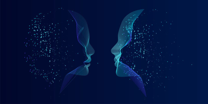 Artificial Intelligence, abstract artistic human head portrait made of dotted particles array, vector software digital visual interface. Digital soul, spirit of technological time.