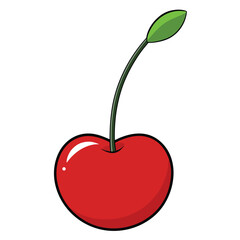 Bright red cartoon cherry with a green stem, isolated on a pure white background