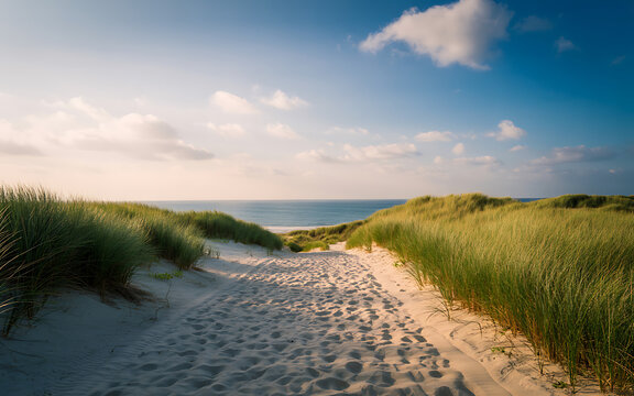 Sandy path through grassy dunes to the ocean beach