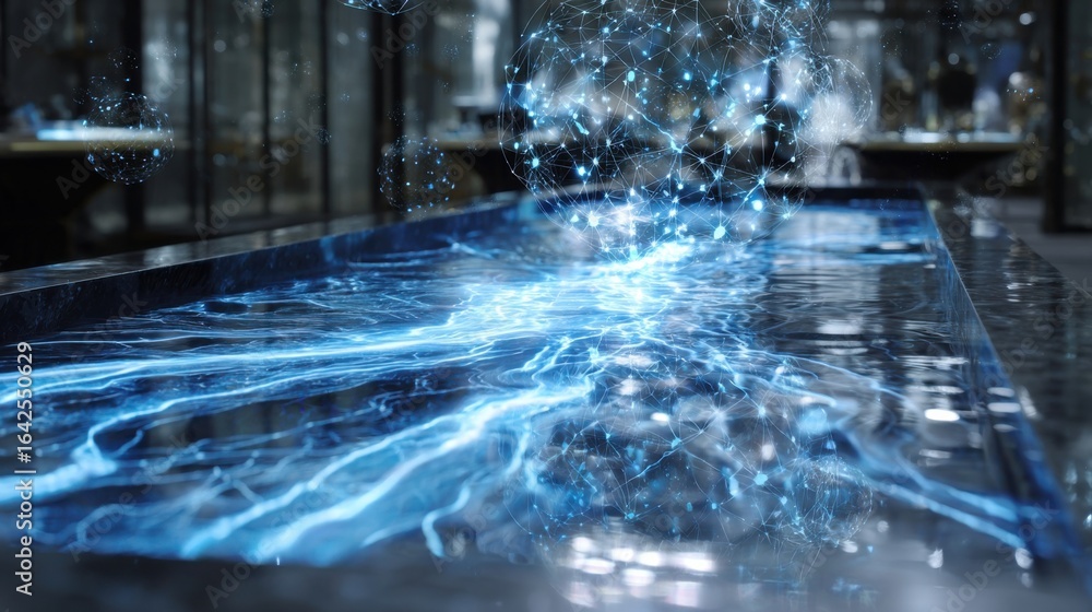Aufkleber the reflection of a virtual simulation of water flow patterns on a glass surface paired with intrica