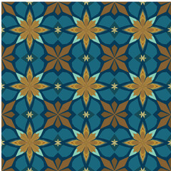 Seamless geometric floral pattern in brown and blue tones for wallpaper, tiles, and fabric