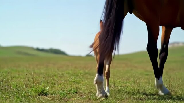 A foal and its mother horse in a grassy field