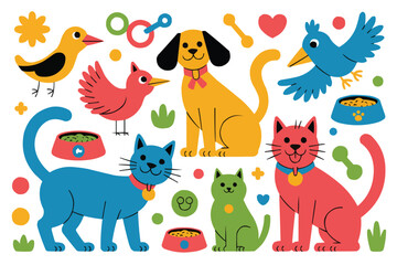 Naklejka premium Vibrant cartoon pets and accessories collection bird